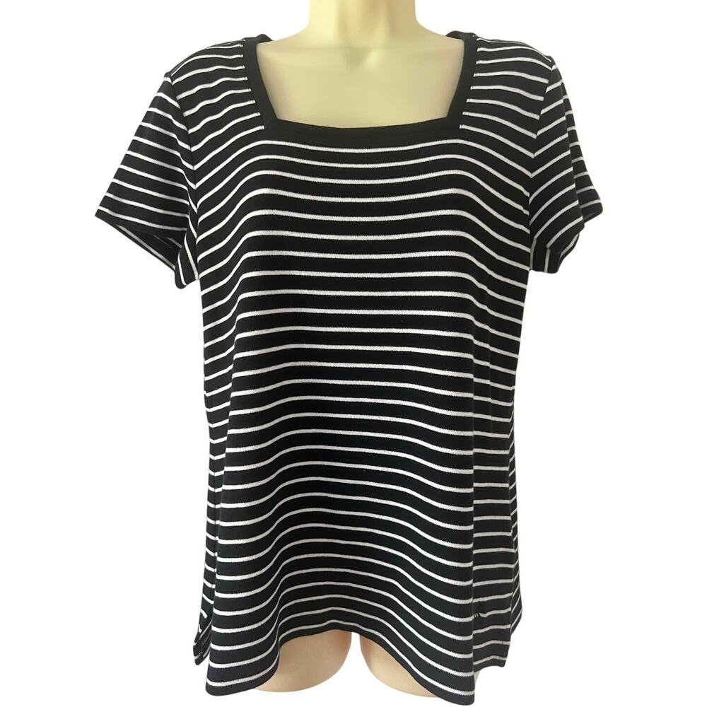 Isaac Mizrahi Live Black White Striped Knit Top Woman Size Medium Square Neck